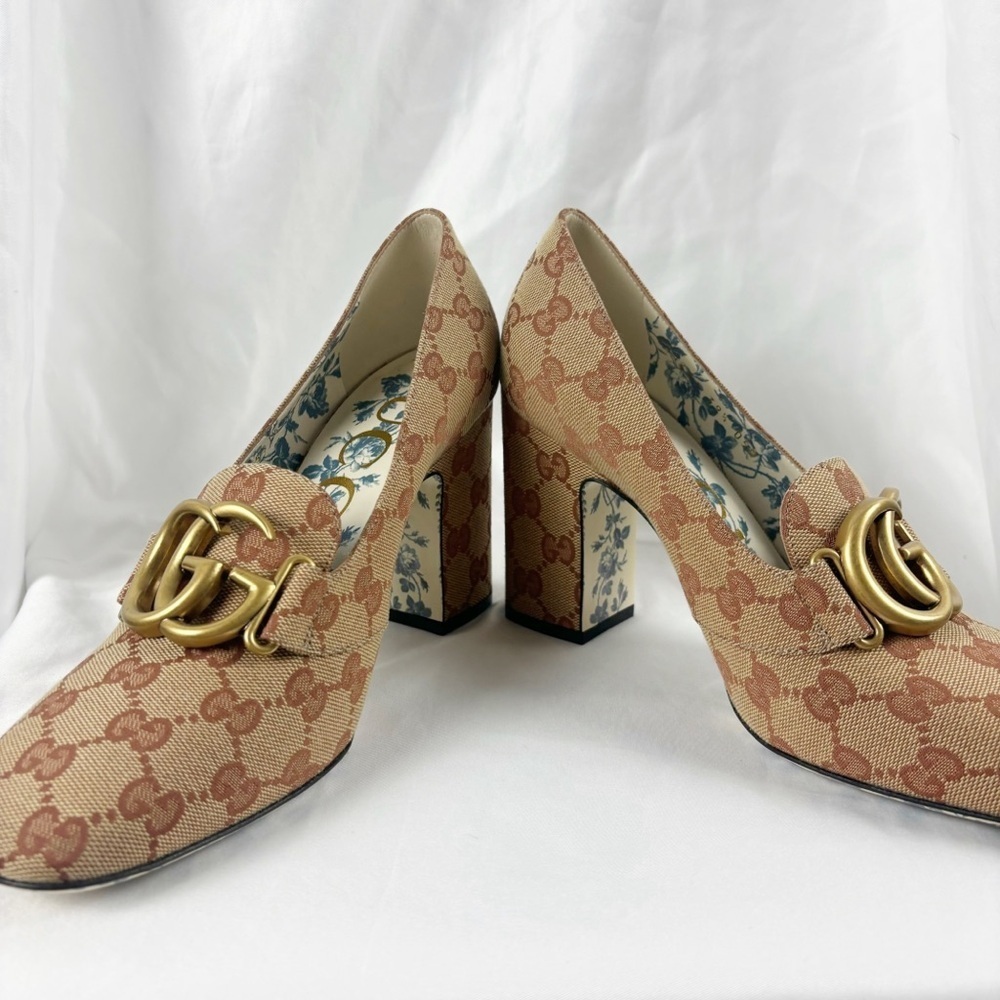 Gucci GG Marmont Beige Ruggine Victoire 95mm Loafer Block Heel Pumps EU 39.5 - Picture 5 of 11